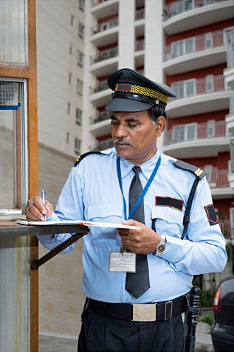 A vigilant BlueStar guard observing the premises.